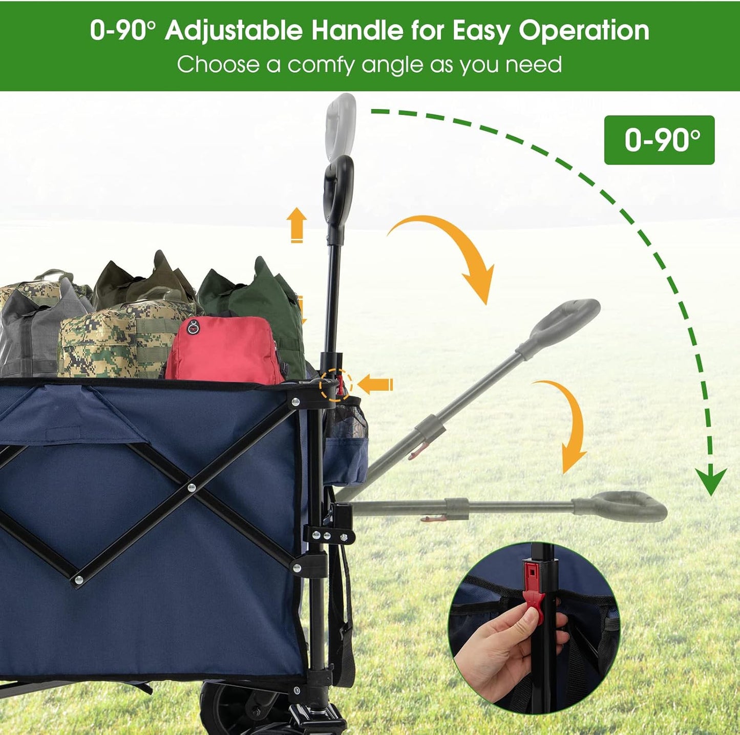 Goplus Collapsible Wagon Cart, Foldable Heavy Duty Utility Wagon with Adjustable Handle, Wide All Terrain Wheels, Cup Holder, Portable Garden Cart Beach Cart for Camping, Picnic (Blue)