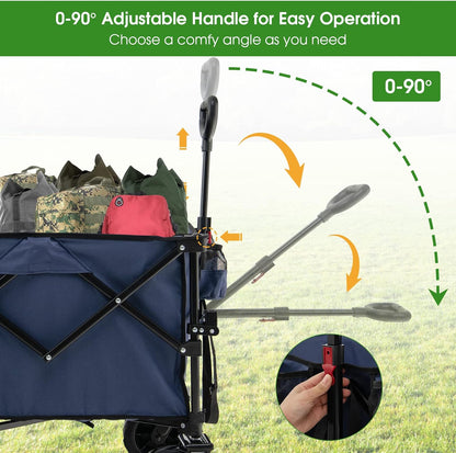 Goplus Collapsible Wagon Cart, Foldable Heavy Duty Utility Wagon with Adjustable Handle, Wide All Terrain Wheels, Cup Holder, Portable Garden Cart Beach Cart for Camping, Picnic (Blue)