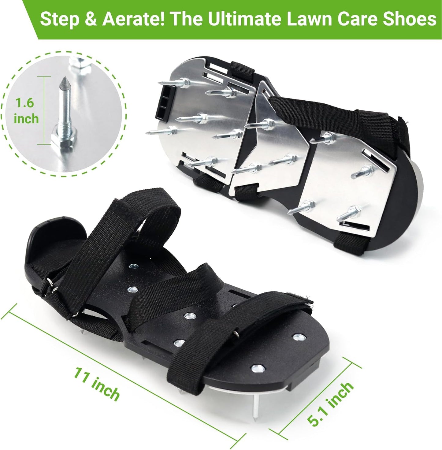 Lawn Aerator Shoes for Grass – Pre-Assembled Aerator Shoes with Anti-Slip Straps, Metal Reinforced Base Plate & Cleaner for Lawn, Yard, Garden, Patio