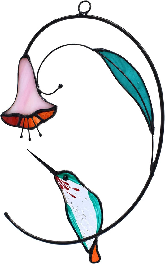 Lolitarcrafts Hummingbird with Flower Stained Glass Suncatcher Bird Stained Glass Window Hangings