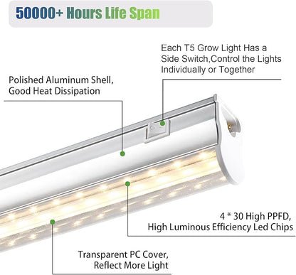 Grow Lights for Indoor Plants, 3000K Full Spectrum, 1FT Plant Growing Lamp with Side Switch, LED Grow Light Bulbs, T5 Grow Light Strip, Plug and Play, 4-Piece Set