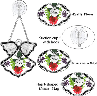 KY&BOSAM Angel Suncatcher Nana Stained Glass for Windows Hangings Wind Chime Home Decor with Pressed Flower in Glass and Metal Charm Birthdays Gifts for Women Nana Mothers Day Valentine's Christmas