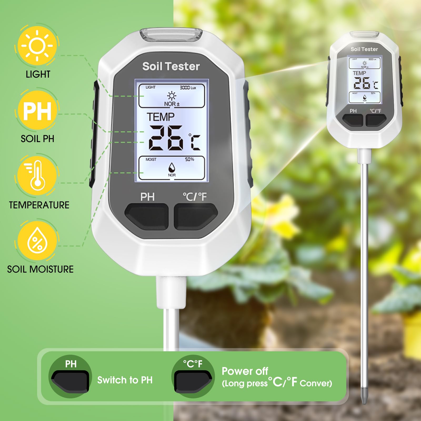 YAMRON 4-in-1 Soil Moisture Meter Digital Plant Temperature/Soil Moisture/pH Meter/Sunlight
