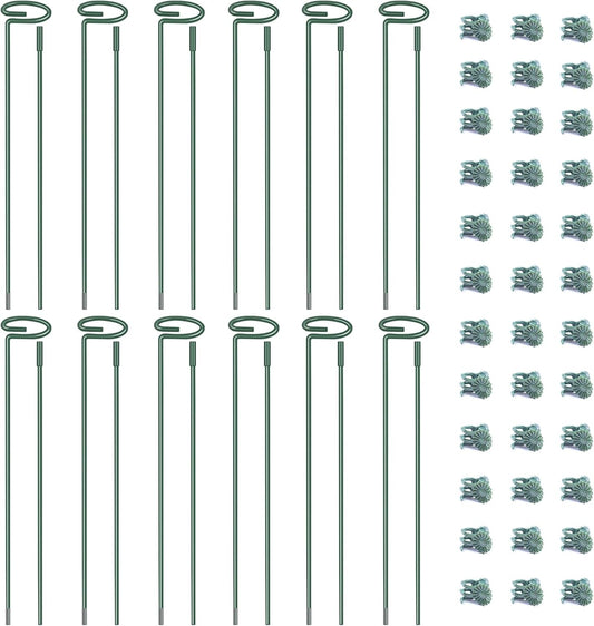 4.5mm Adjustable Length Plant Stake, Assembled (12 or 24 inch) Outdoor and Indoor Plant Support Poles for Flowers Marigolds Tomatoes Lilies Peonies Roses Daffodils Flower Clips (12 Sets, 36 Pcs)