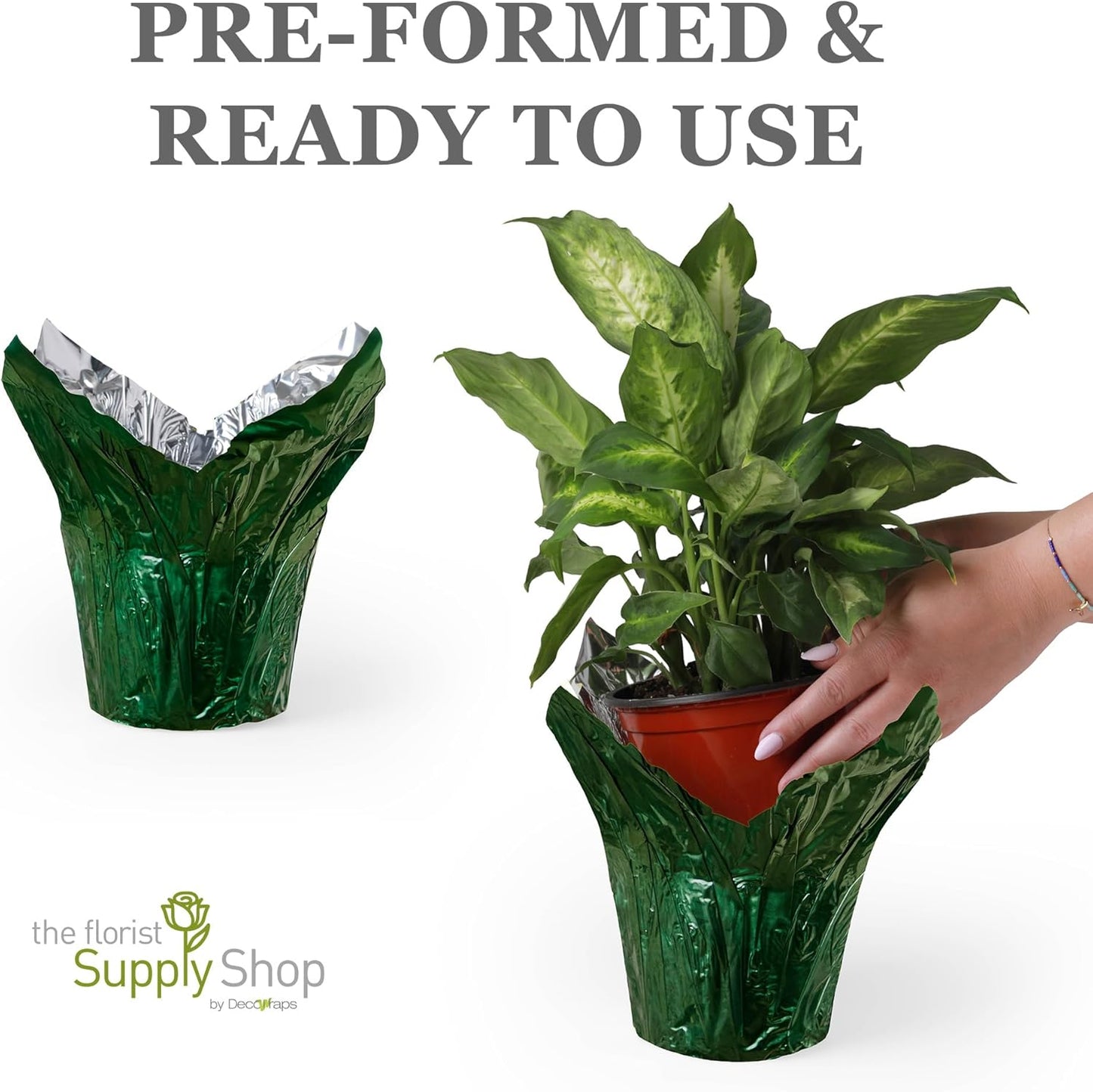 4.5” STD Plant Pot Covers, Decorative Plant Sleeve for Indoor & Outdoor House Plants, Reusable and Gift-Ready Foil Wrap for Flower Pots, Evergreen, Pack of 5