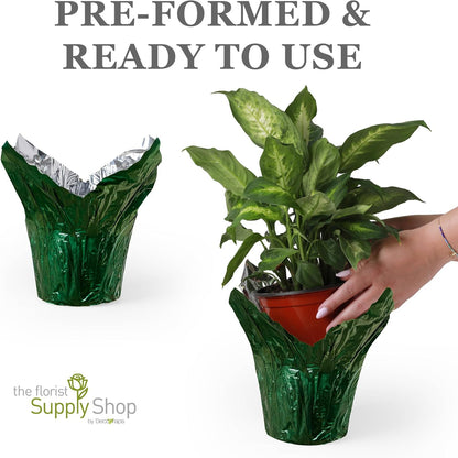 6” AZA Plant Pot Covers, Decorative Plant Sleeve for Indoor & Outdoor House Plants, Reusable and Gift-Ready Foil Wrap for Flower Pots, Evergreen, Pack of 5