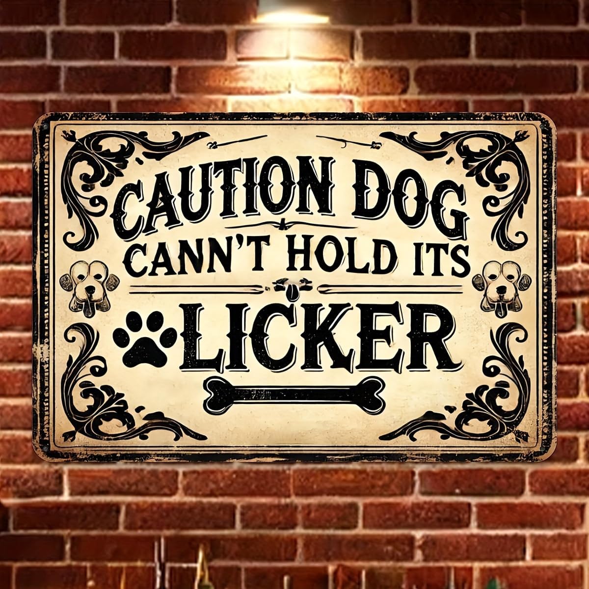 "Caution Dog Can't Hold Its Licker" Vintage Tin Sign - 12x8 inches, Iron Material, Suitable for Garage, Restaurant, Cafe, Bar, Living Room Decoration - UV Resistant and Fade Resistant