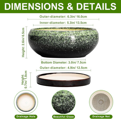 Succulent Pots 6 Inch - Ceramic Bonsai Pots with Drainage Hole and Saucer, Succulent Planters for Indoor Outdoor, Small Shallow Planter, Round Cactus Pot, Room Decor, Plant Lover Gift, Green