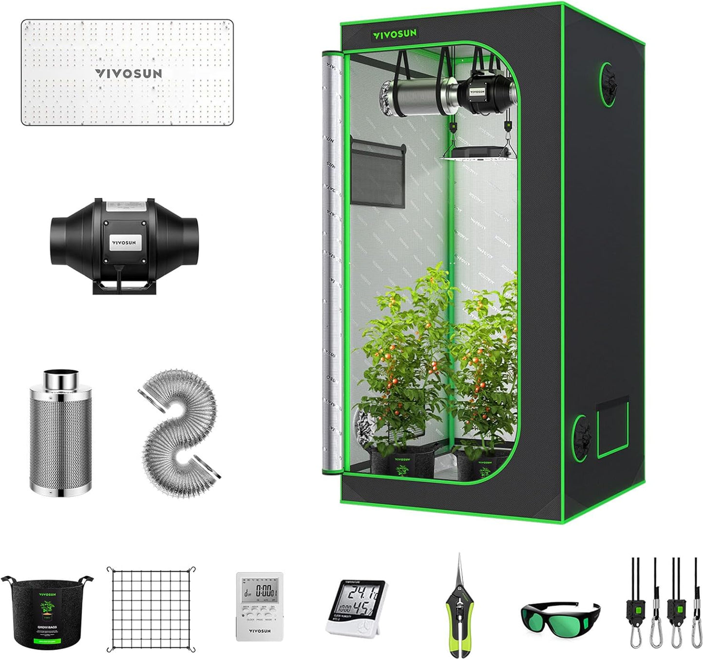 VIVOSUN GIY 3x3 Grow Tent Complete System, 3x3 ft. Grow Tent Kit Complete with 4-inch Inline Fan Package, VS2000 LED Grow Light, Temperature Humidity Monitor, Netting, Grow Bags, Pruning Shear & Timer