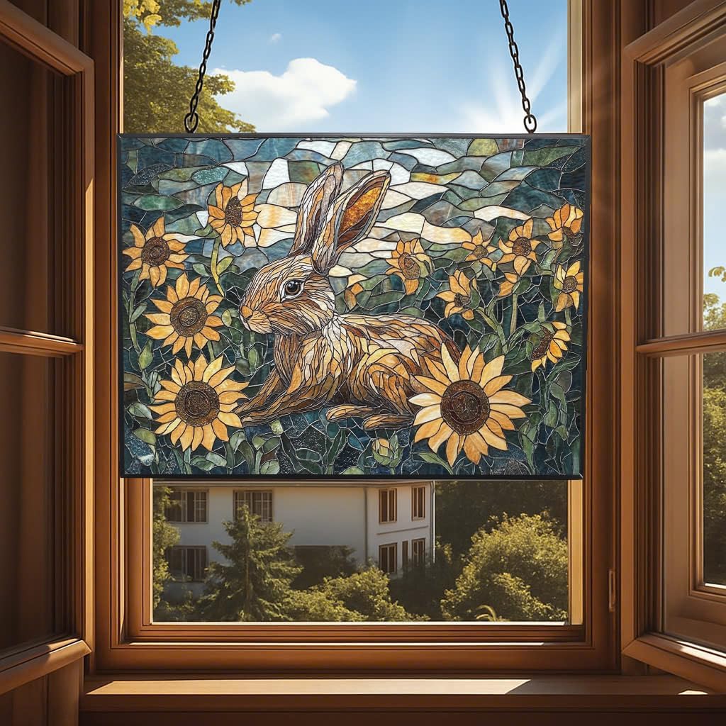 Customized Rectangle Art Nouveau Sunflower Rabbit Suncatchers for Windows, Stained Glass Window Hangings,Hand-Painted Glass Panel Perfect for Home Décor