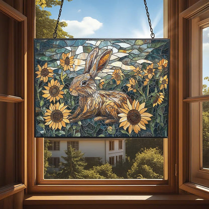 Customized Rectangle Art Nouveau Sunflower Rabbit Suncatchers for Windows, Stained Glass Window Hangings,Hand-Painted Glass Panel Perfect for Home Décor