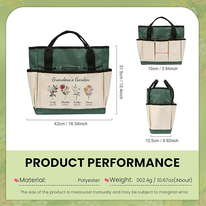 Personalized Garden Tools Set for Women: Custom Text Garden Tool Bag and Garden Shovel & Transplant Shovel & Hand Rake - Gardening Gifts for Mom Grandma Gardening Lover (4 Flowers)