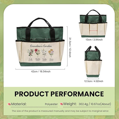 Personalized Garden Tools Set for Women: Custom Text Garden Tool Bag and Garden Shovel & Transplant Shovel & Hand Rake - Gardening Gifts for Mom Grandma Gardening Lover (4 Flowers)
