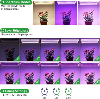 Four Strip Growing Lamp for Indoor Plants, Red & Blue & Yellow Full Spectrum LED Grow Light Strips with Auto ON/Off 3/9/12H Timer,10 Dimmable Levels for Green House Succulent (13 in)