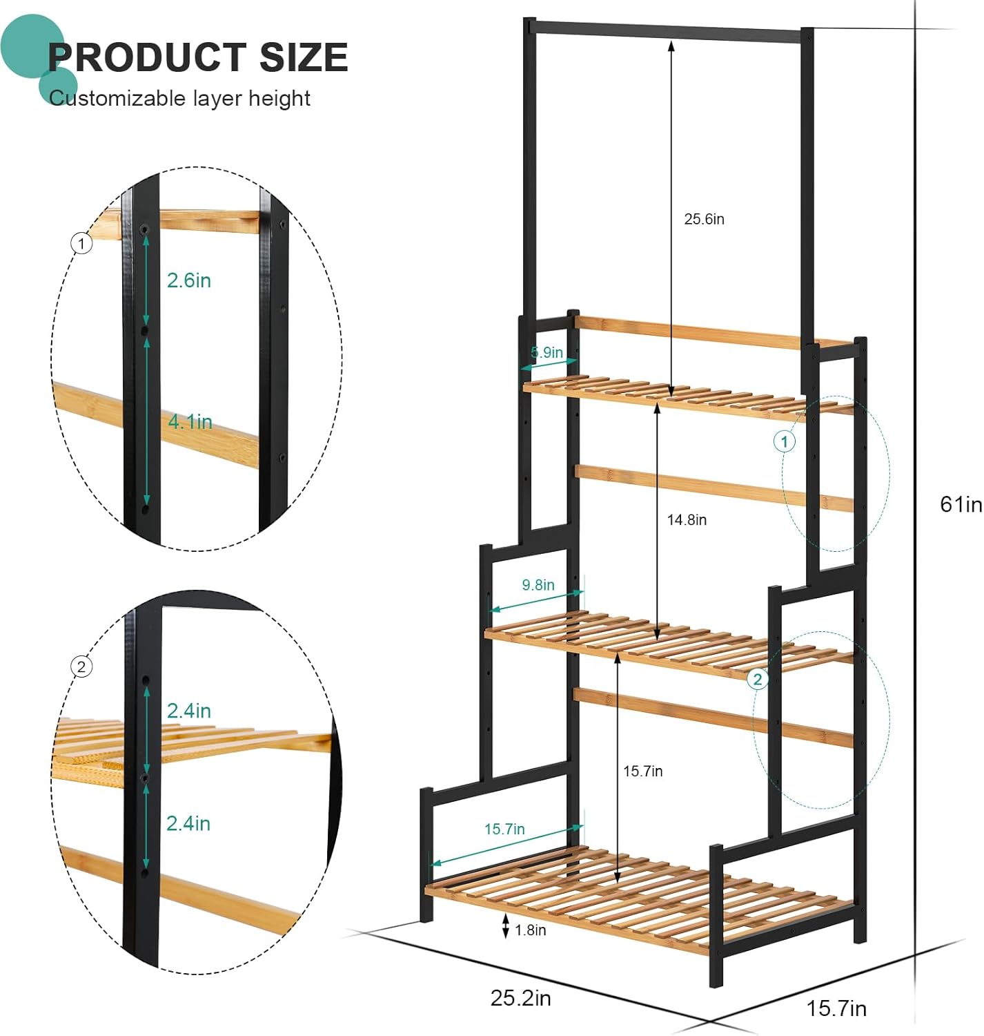 Ufine Bamboo Hanging Plant Stand 3 Tier Ladder Shelf with Hanging Rod Height Adjustable Flower Pot Display Organizer for Balcony Porch Living Room