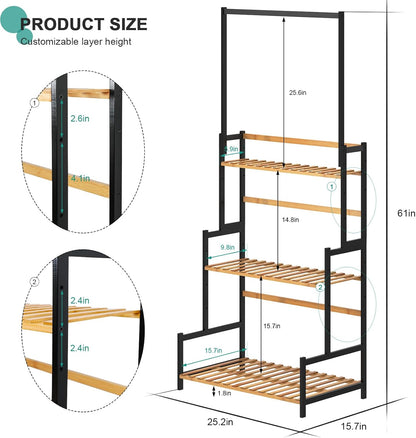 Ufine Bamboo Hanging Plant Stand 3 Tier Ladder Shelf with Hanging Rod Height Adjustable Flower Pot Display Organizer for Balcony Porch Living Room