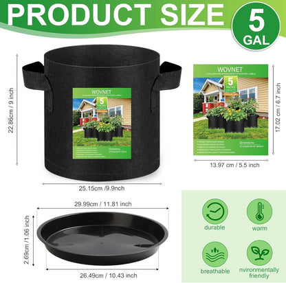 5 Pack 3 Gallon Grow Bags with 5 Plant Saucer and 5 Labels, Sturdy Fabric Plant Pots, Fabric Garden Grow Bags for Vegetables, Aeration Pots with Handles