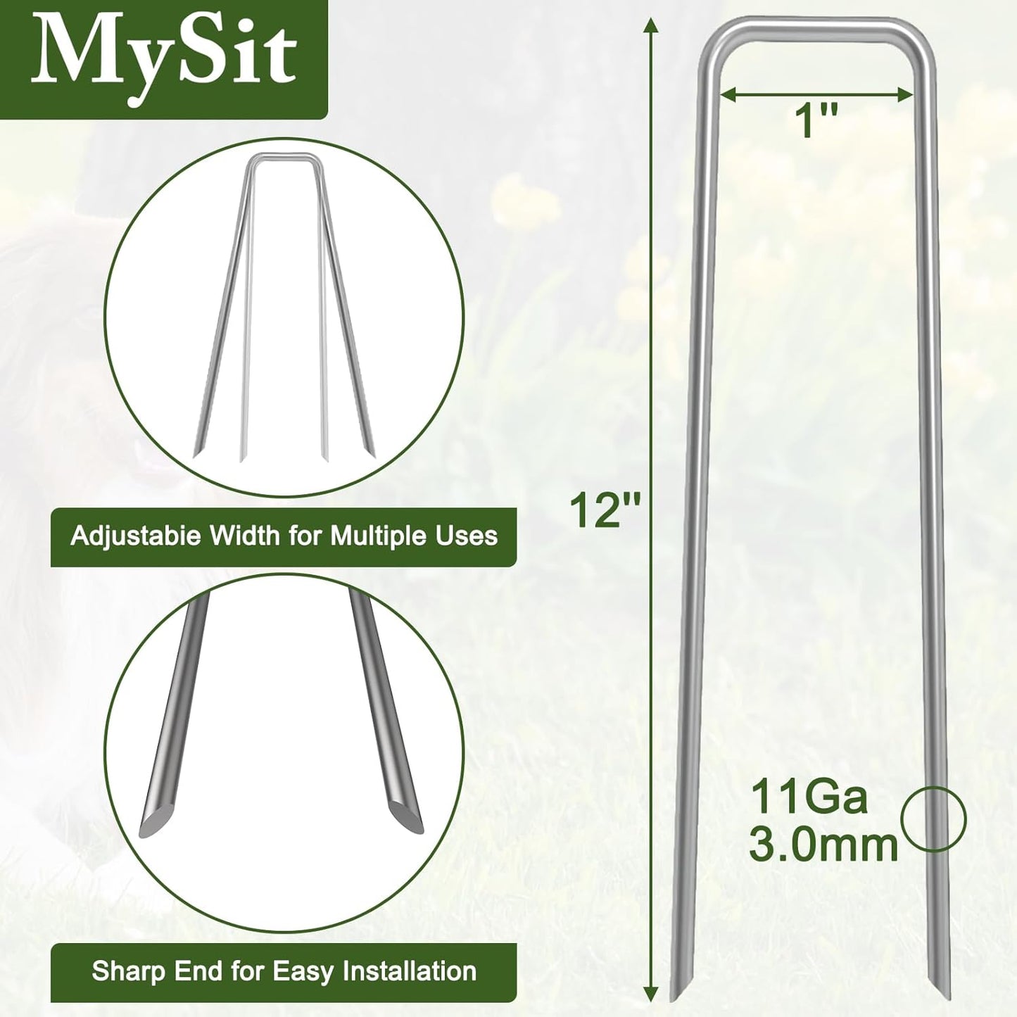 MySit 12" Garden Stakes Pins Landscape Staples 11Ga Tent Stakes 12 Pack, Heavy Duty Galvanized Steel Metal Yard Stakes Ground Lawn Staples Fence Anchors for Weed Barrier Fabric