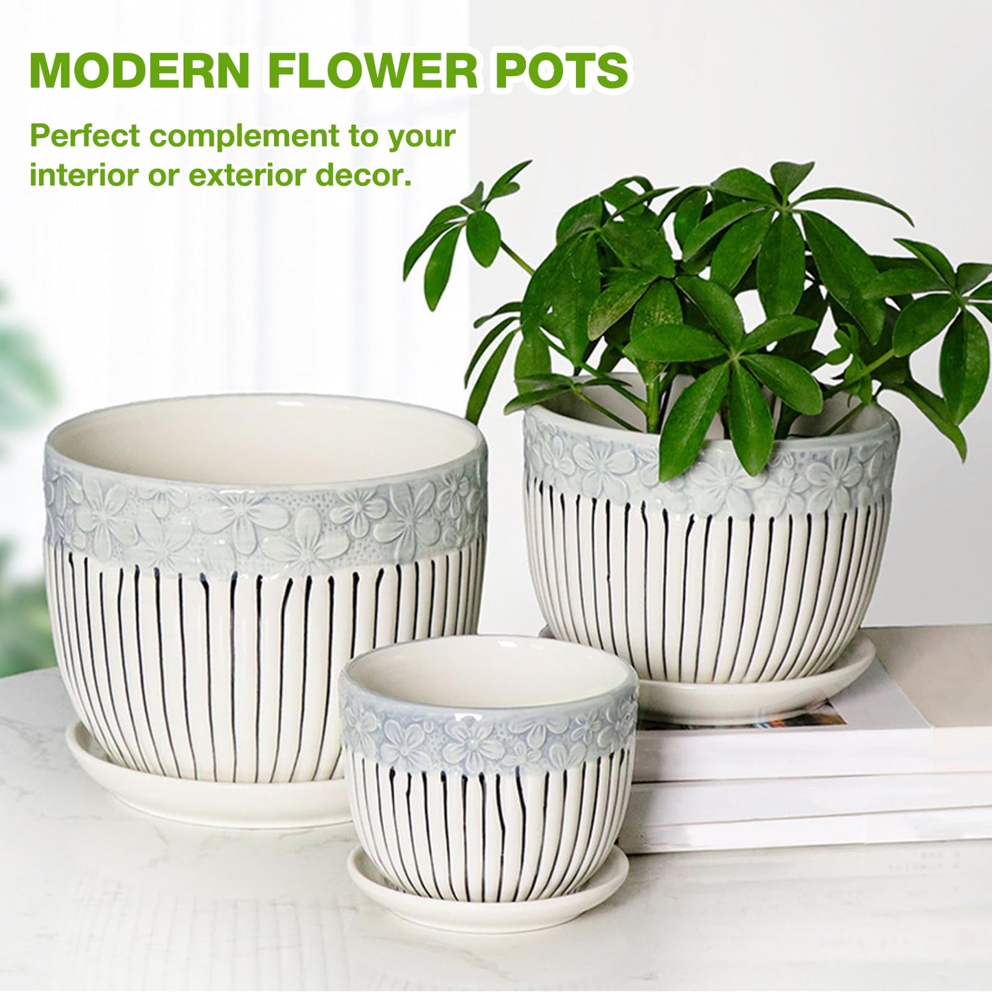 Hlukana Ceramic Plant Pots Set of 3, 6.75/5.6/4.2 inch Planters with Drainage Holes and Saucer