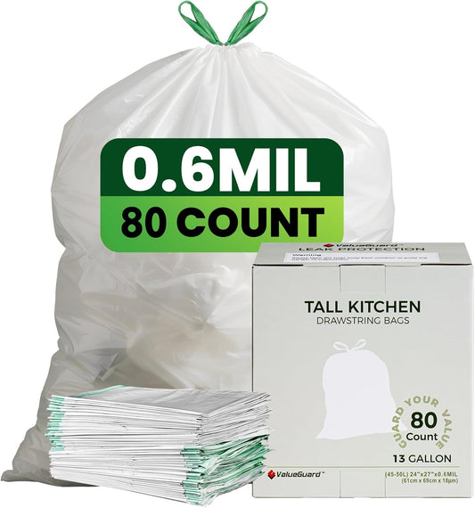 Large Trash Bag 13 Gallon Tall Drawstring 100% Post-Consumer Recycled Garbage Bag Waste Bag for