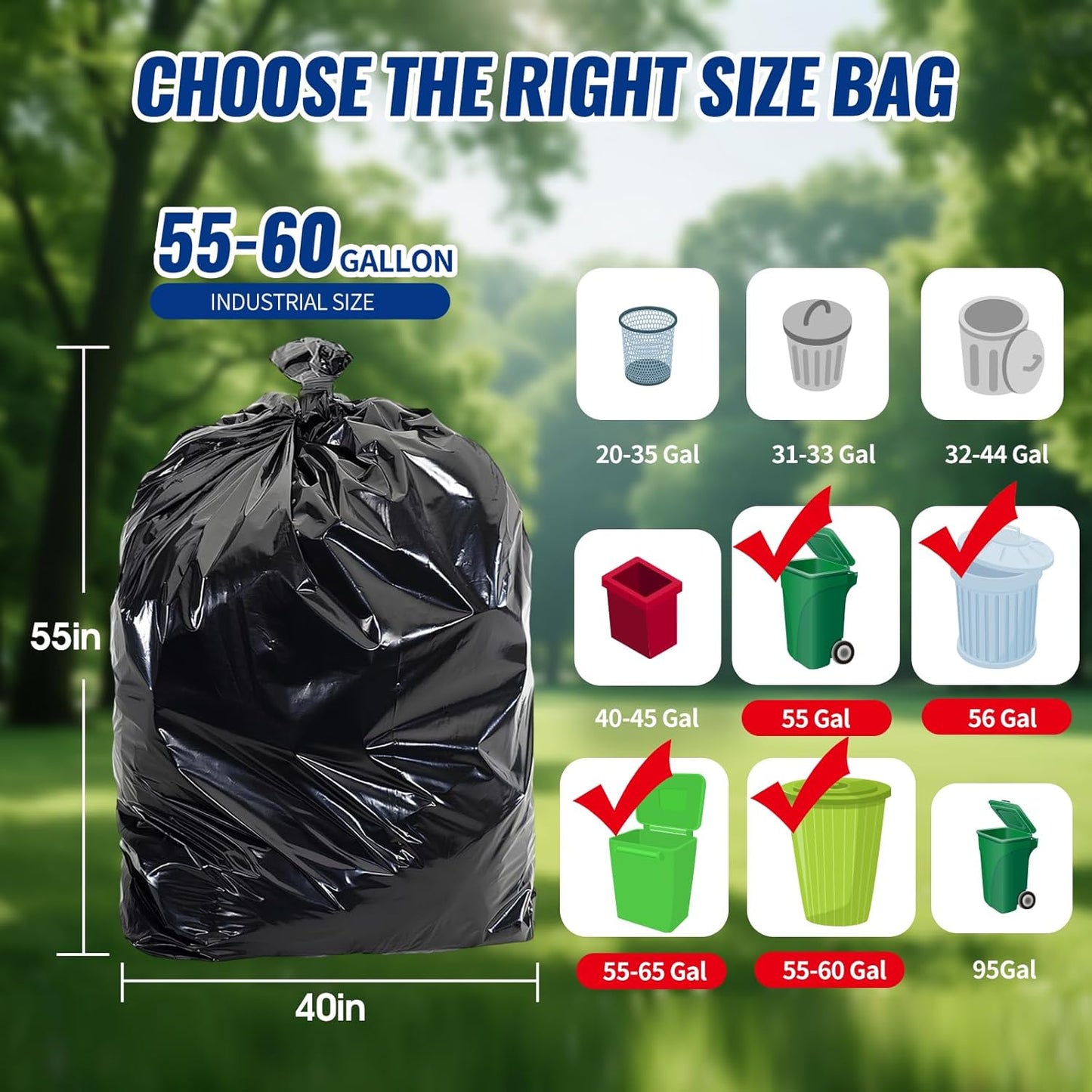 120 Count 55-60 Gallon Trash Bags, Tear-Free Large Black Garbage Bags for Kitchen, Office, Outdoor, Commercial Use, Lawn and Leaf Bags, Lightweight 17 Micron Design for Daily Dry Waste