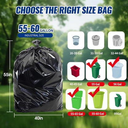 120 Count 55-60 Gallon Trash Bags, Tear-Free Large Black Garbage Bags for Kitchen, Office, Outdoor, Commercial Use, Lawn and Leaf Bags, Lightweight 17 Micron Design for Daily Dry Waste