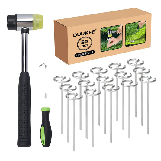 50pcs Landscape Fabric Staples 6 Inch, Galvanized Circle Top Landscape Pins Landscape Fabric Staples Garden Stakes Staples with Pick Hook Mallet for Weed Barrier Tent Stakes Outdoor Decor