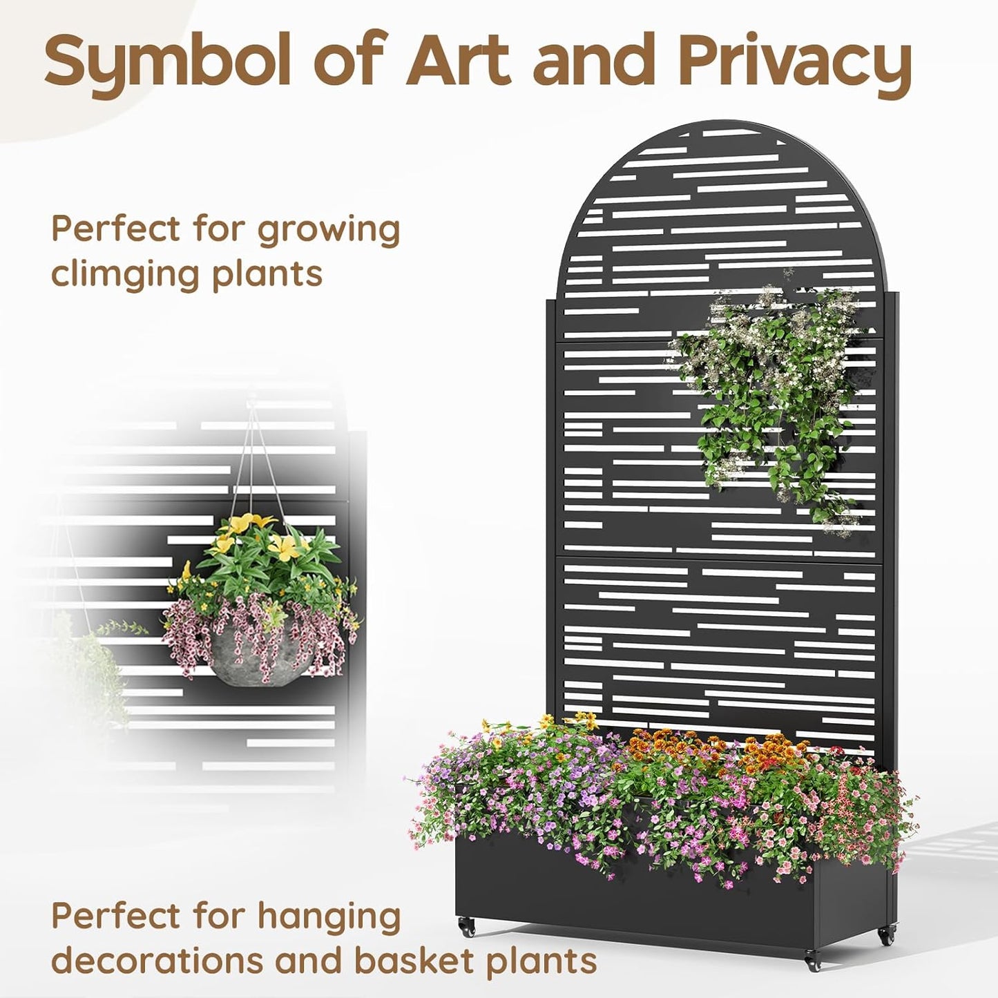 Metal Raised Garden Bed with Trellis & Wheels,72" x 35"x 15.7" Planter Box with Trellis,Privacy Planters for Patio,Garden Bed for Climbing Plants,Suitable for Climbing Plants and Vegetables,Black