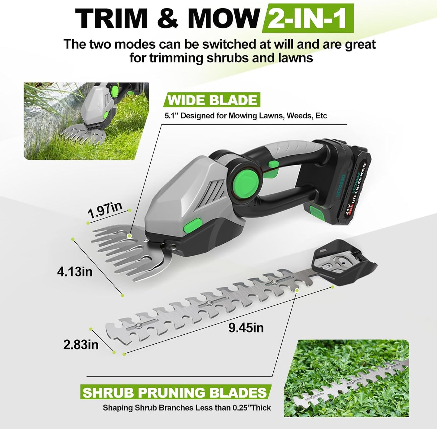 Cordless Hedge Trimmer,21v Electric Grass Shears & Shrub Trimmers,Handheld 2-in-1 Battery Powered Hedge Trimmer for Patio/Lawn, Gardening Tools, Included Charger (Gray-Green+1* Battery)