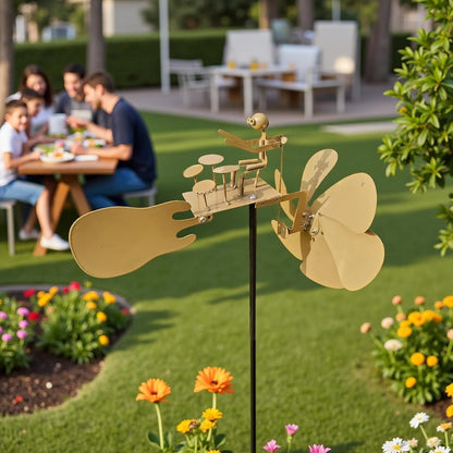 Handmade Metal Drummer Rock Band Windmill, Wind Powered Kinetic Sculpture, Garden Outdoor Wind Mill Spinner for Yard Lawn Garden Patio Rockin Art Figurine Decor (Gold)