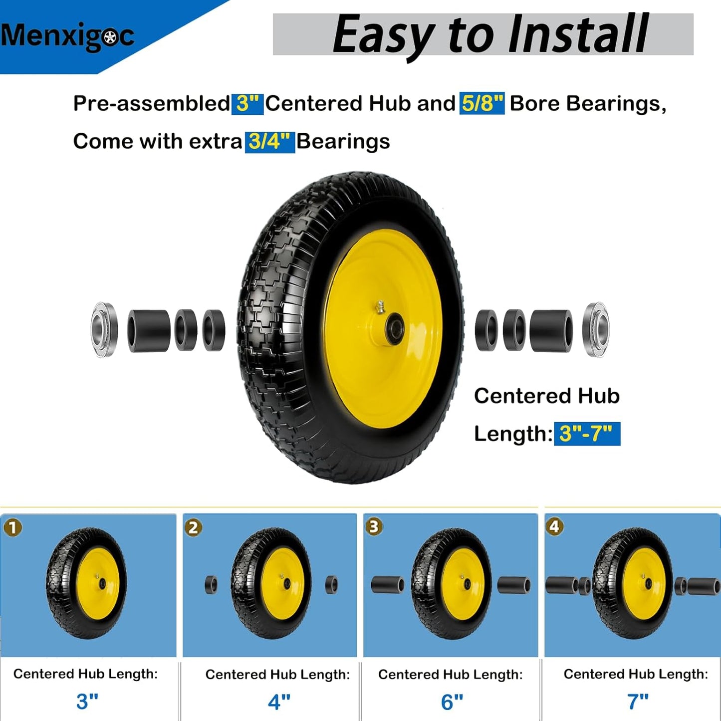 4.80/4.00-8 Tire, 14.5" Tire and Wheel Flat Free, 5/8" Bore Bearing with 3/4" Extra Bearings with 3" Centered Hub - Universal for 4.80-8 4.00-8 4.00-6 3.50/3.00-8 Wheelbarrow Tires