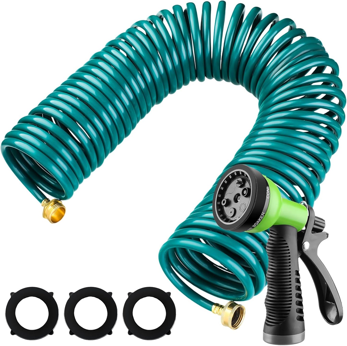 Pangda 100 Ft x 3/8'' Coil Garden Hose EVA Recoil Garden Self Coiling Expanding Water Hose with 6 Function Spray Nozzle Universal 3/4'' Brass Connector Fitting for Outdoor Yard(Green)