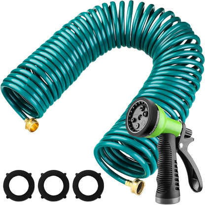 Pangda 100 Ft x 3/8'' Coil Garden Hose EVA Recoil Garden Self Coiling Expanding Water Hose with 6 Function Spray Nozzle Universal 3/4'' Brass Connector Fitting for Outdoor Yard(Green)