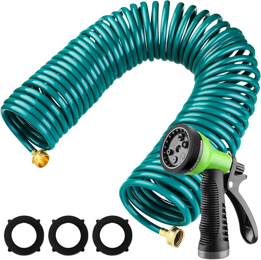 Pangda 100 Ft x 3/8'' Coil Garden Hose EVA Recoil Garden Self Coiling Expanding Water Hose with 6 Function Spray Nozzle Universal 3/4'' Brass Connector Fitting for Outdoor Yard(Green)
