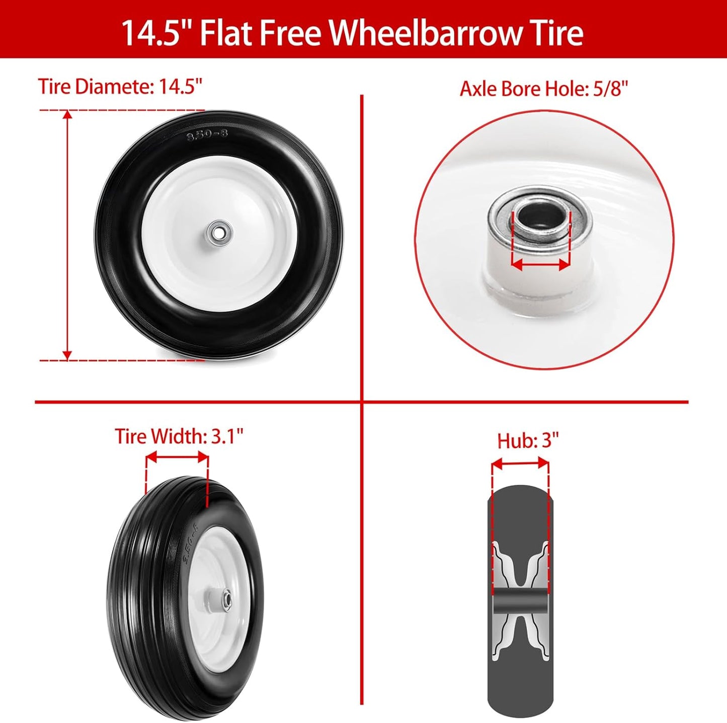 14.5" Wheelbarrow Tires Fits 3.50/2.50-8, 4.00-6, 4.00-8, 4.80/4.00-8 Flat Free Tire with 3" - 6" Centered Hub, 3/4" or 5/8" Bushing, Universal Replacement Wheelbarrow Wheels, 1 Pack