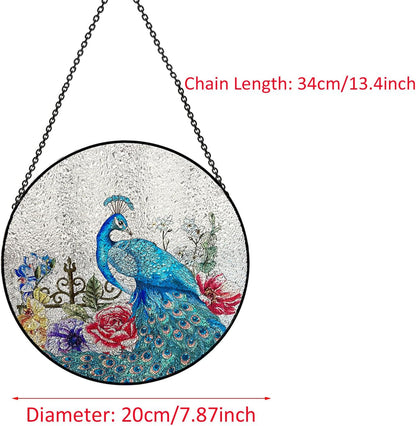 Peacock Hanging Stained Glass for Windows,20cm/7.87inch Stained Glass Suncatcher Garden Hangings Christmas Mother's Day, Valentine's Day Ornaments Festival Gift (Style B)