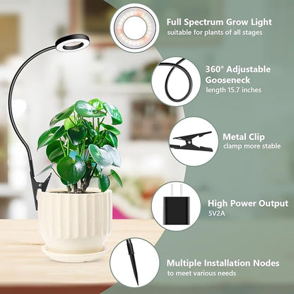 Plant Light 2 Pack, Clip on Grow Lights for Indoor Plants, LED Full Spectrum Halo Grow Lamp with, 6/12/16H Timer, 5 Dimmable, 3 Modes, 2 Installation Options Clip or Plug