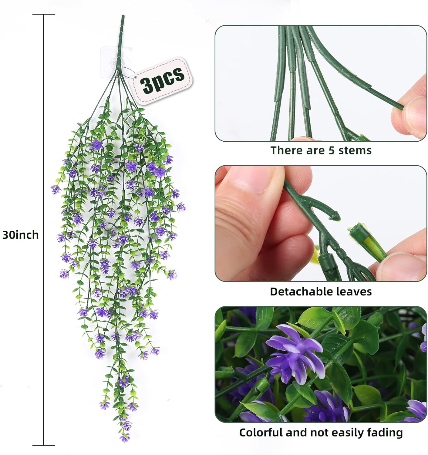 RECUTMS Vine Plant Fake Ferns Plants Large Faux Artificial Hanging Plants Wall Plants Artificial Hanging Plants Outdoors Fake Hanging Plant Greenery Vine for Outdoor Plants Decor 3 Pcs(Purple)