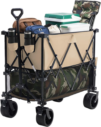 DUMOS Large Capacity Folding Double Decker Wagon with Brakes, 440 lbs Wagons Carts Foldable Wagon Cart with Flexible Handle, All-Terrain Big Wheels for Grocery Sports Garden Camping