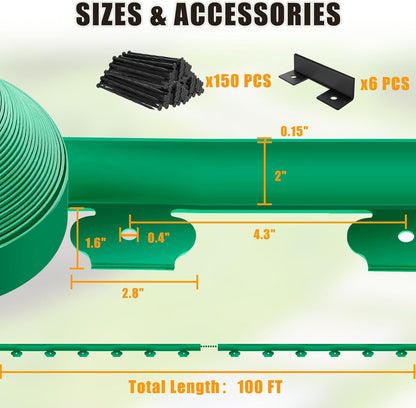 Landscape Edging - Garden Edging Border 100FT 2IN Tall with 150 Stakes, No Dig Lawn Edging for Landscaping for Garden Bed, Yard, 0.15" Thick Flower Bed Border Edging with Connector for Outdoor