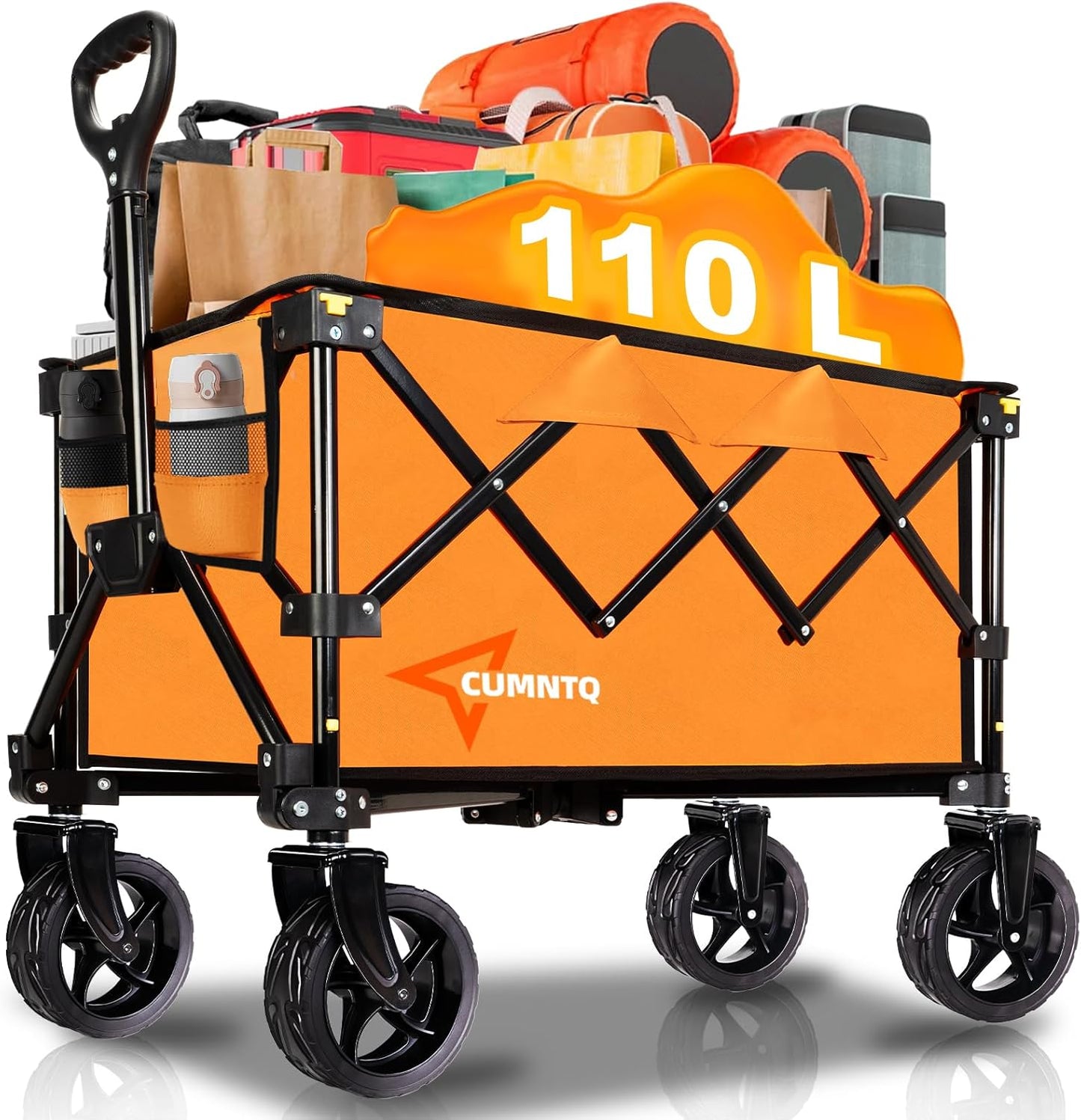 Collapsible Wagon Cart with Wheels, Heavy DutyFoldable Wagon Cart with 230lbs Weight Capacity, UtilityBeach Wagons Portable for Outdoor, Grocery, Camping,Shopping, Orange