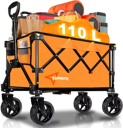 Collapsible Wagon Cart with Wheels, Heavy DutyFoldable Wagon Cart with 230lbs Weight Capacity, UtilityBeach Wagons Portable for Outdoor, Grocery, Camping,Shopping, Orange