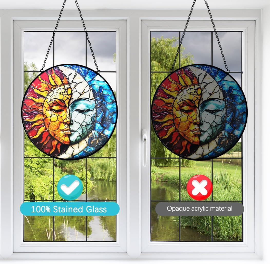 Sun and Moon Suncatcher Stained Glass Window Hanging - 8” Handmade Colorful Suncatchers for Windows Hanging Sun Catchers Indoor Wall Art Catcher - Celestial Decor Panel Birthday Gift for Women Men