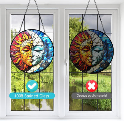 Sun and Moon Suncatcher Stained Glass Window Hanging - 8” Handmade Colorful Suncatchers for Windows Hanging Sun Catchers Indoor Wall Art Catcher - Celestial Decor Panel Birthday Gift for Women Men