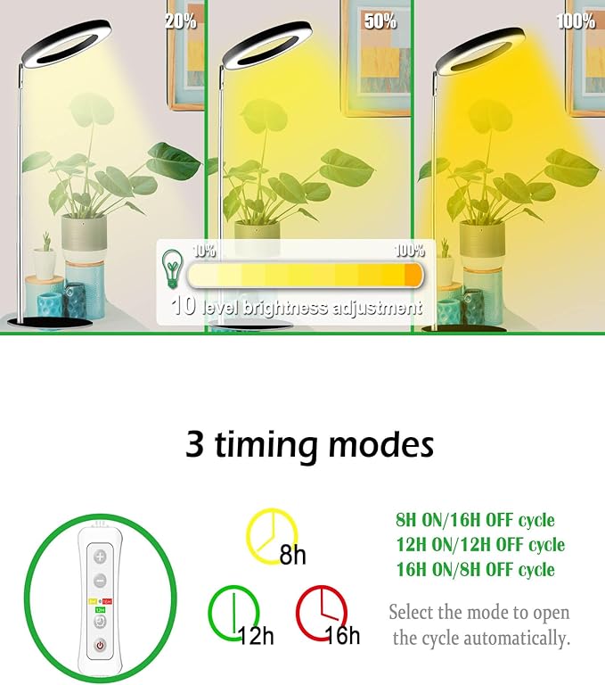 yadoker 72 LEDs Full Spectrum Plant Grow Light for Indoor Plants，Height Adjustable, 6.3" Aluminum Housing,Automatic Timer with 8/12/16 Hours,10-Level Brightness,Ideal for Small and Medium Plant Grow