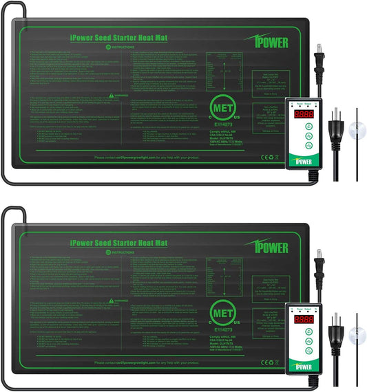 iPower 2-Pack 40-108 Degrees Fahrenheit Digital Heat Mat Thermostat Controller and 10" x 20" Hydroponic Seeding Warm Pad Plant Starting Kit Combo