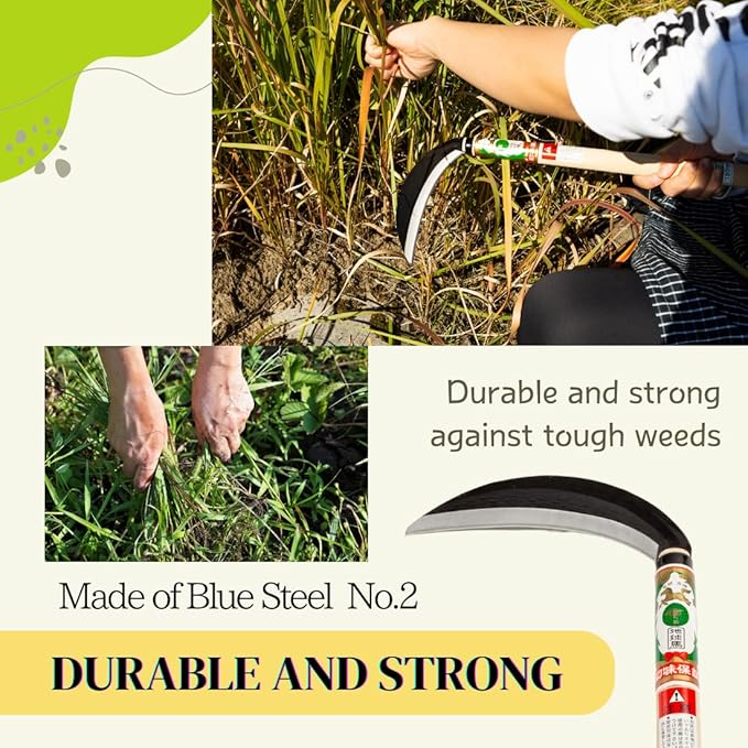 Japanese Weeding Sickle (Middle Thick Blade), High Grade Steel Blade (Blue Steel No.2) Hand Tool for Gardening, Weeding and Farming, Light Weight, Blade Length 7.09inch