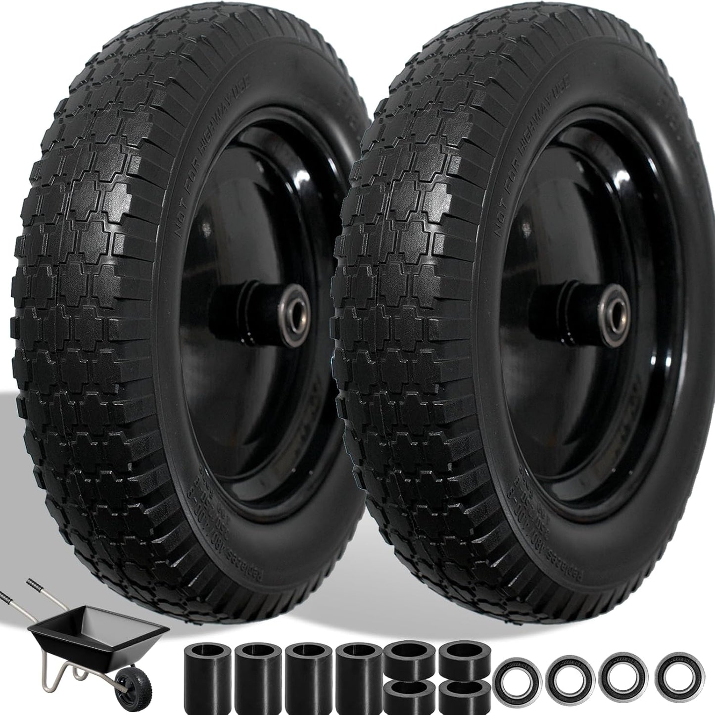 Wheelbarrow Tire 4.80/4.00-8 Flat Free Solid Tire Wheel 14.5 Inch, Replacement Heavy Duty Wheel, with 5.8" and 3.4" Bearings 3" Center Hub, fits Garden Cart, Dolly, Hand Truck, Trailer, Wagon, 2 Pcs