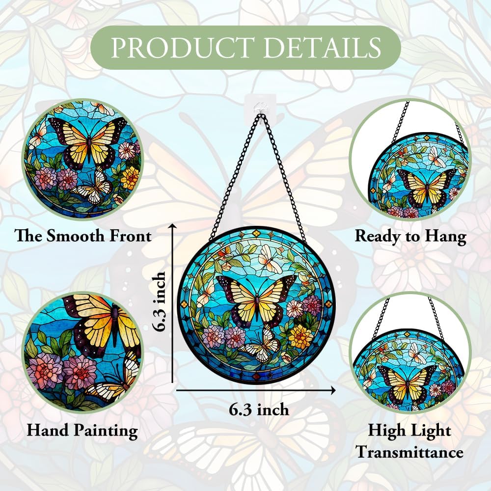 Butterfly Stained Glass Window Hanging, Suncatcher Panel for Window Decor for Indoor Outdoor, Garden Wall Stained Glass for Home, Butterfly Ornament Birthday Gifts for Boys and Girls, Housewarming