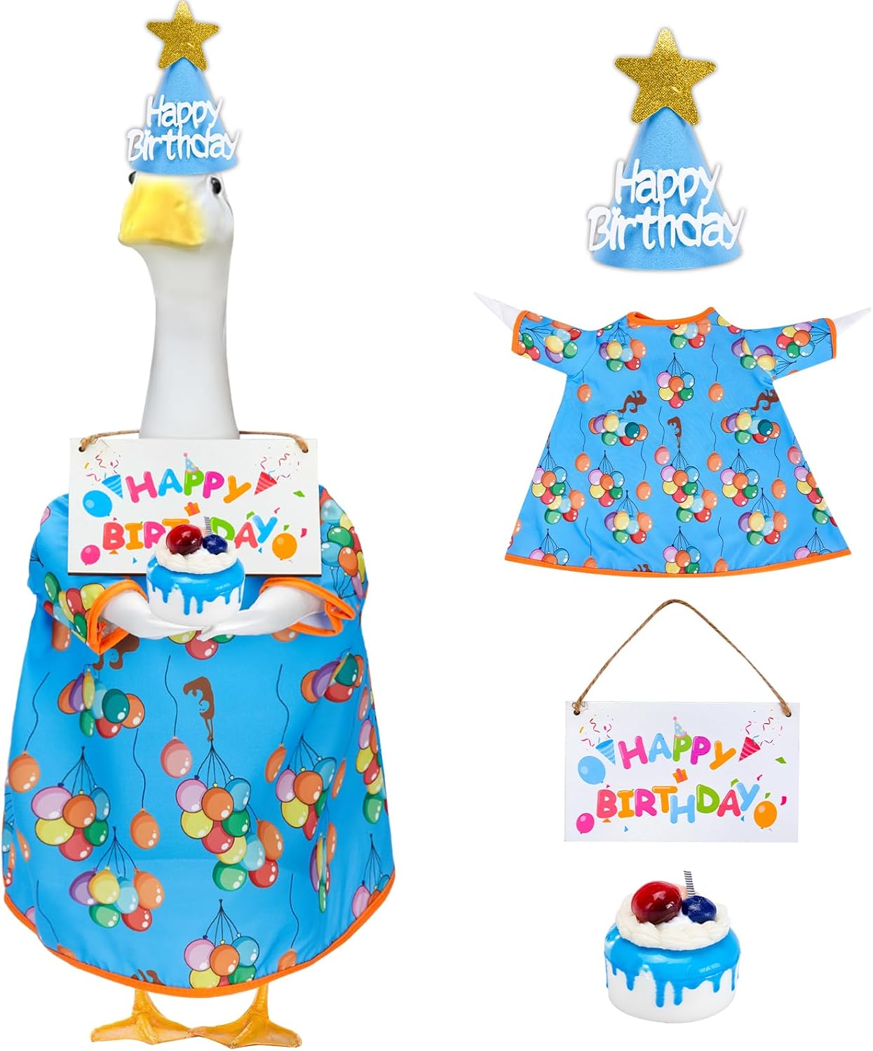 4PCS Porch Goose Birthday Outfit - Happy Birthday Goose Clothes for 23'' High Cement or Plastic Lawn Goose, Goose Dress with Hat and Sign, Garden Silly Porch Duck Costum Blue